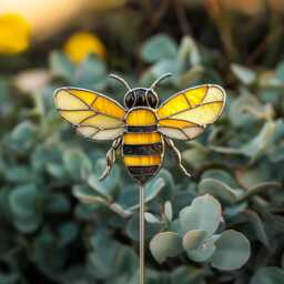 Bee Real Stained Glass Plant Stake - Handmade Garden Decor, Real Marker Decor Pot Decoration - thumbnail 3