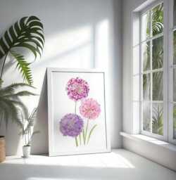 Pink Purple Floral Wall Art, Watercolour Allium Print, Botanical Decor, Unframed