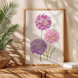 Pink Purple Floral Wall Art, Watercolour Allium Print, Botanical Decor, Unframed - thumbnail 3
