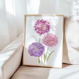 Pink Purple Floral Wall Art, Watercolour Allium Print, Botanical Decor, Unframed - thumbnail 2