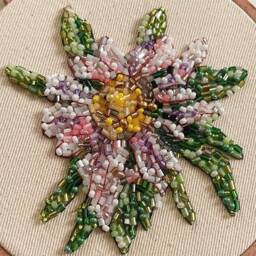 Flower Wall Decor- Pink Beads Embroidery Hoop Art- Floral Room Violet Green Flower Crystal Home Decor Panel - thumbnail 4
