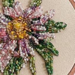 Flower Wall Decor- Pink Beads Embroidery Hoop Art- Floral Room Violet Green Flower Crystal Home Decor Panel - thumbnail 2