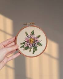 Flower Wall Decor- Pink Beads Embroidery Hoop Art- Floral Room Violet Green Flower Crystal Home Decor Panel - thumbnail 1
