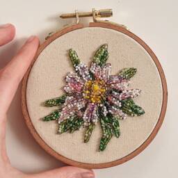 Flower Wall Decor- Pink Beads Embroidery Hoop Art- Floral Room Violet Green Flower Crystal Home Decor Panel - thumbnail 3