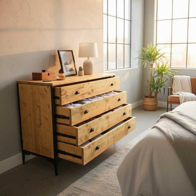 Industrial Chest Of Drawers - Steel Frame Rustic Dresser Soft Close Runners Sideboard Solid Wood Bedroom Storage Loft Design Furniture - image 1