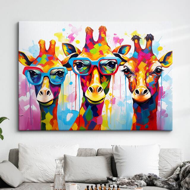 Colorful Giraffe Family Glasses Abstract Oil Painting Style Wall Art, Framed Canvas Poster Print, Home Kitchen Office Room Decor, Gifts - image 1