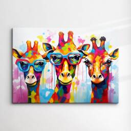 Colorful Giraffe Family Glasses Abstract Oil Painting Style Wall Art, Framed Canvas Poster Print, Home Kitchen Office Room Decor, Gifts - thumbnail 3
