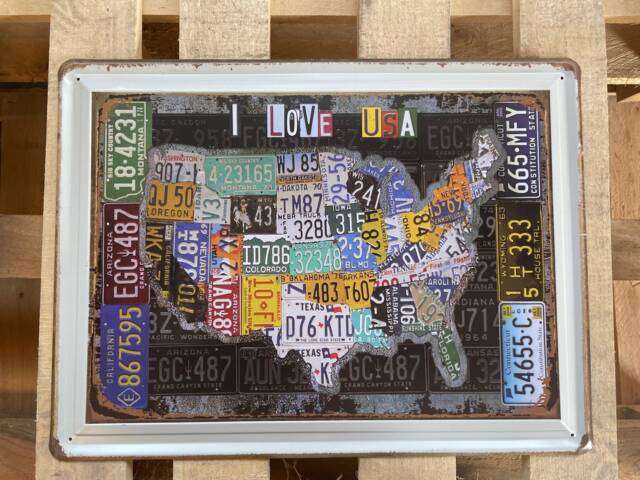 Hanging Vintage Style Metal Sign Classic I Love Usa Licence Plate Map Printed Retro Wall Art. Distressed Look Sign, Lovely Gift Idea - image 1