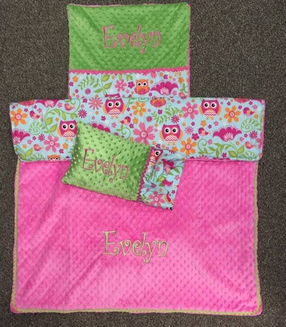 Custom Appliqued Owl Nap Mat Cover, Blanket, Pillow & Case - image 1