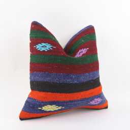 Vintage Turkish Kilim Pillow Cover Handwoven Wool Throw 16x16 - thumbnail 3