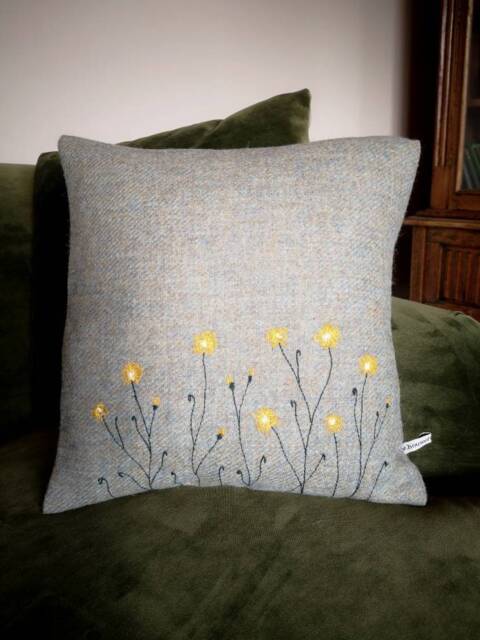 Hand Crafted Harris Tweed Floral Embroidered Cushion Cover - image 1