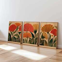 Retro Floral Wall Art Set Of 3, Mid Century Modern Botanical Prints, Warm Earth Tone Flower For Living Room Or Bedroom Decor - thumbnail 1