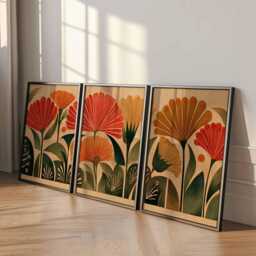 Retro Floral Wall Art Set Of 3, Mid Century Modern Botanical Prints, Warm Earth Tone Flower For Living Room Or Bedroom Decor - thumbnail 2