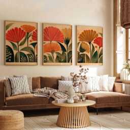 Retro Floral Wall Art Set Of 3, Mid Century Modern Botanical Prints, Warm Earth Tone Flower For Living Room Or Bedroom Decor - thumbnail 3