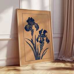 Botanical Iris Wall Art Print, Linocut Style Floral Poster, Navy Blue Flower Illustration, Minimal Nature Home Decor - thumbnail 2