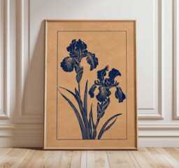 Botanical Iris Wall Art Print, Linocut Style Floral Poster, Navy Blue Flower Illustration, Minimal Nature Home Decor - thumbnail 1