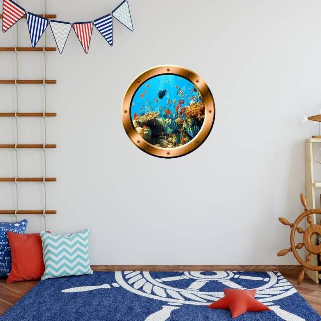 Coral Reef 3D Porthole Side Vinyl Underwater Fish Decal Family Wall Art Window Bronze Portal Home Decor Bp19 - image 1