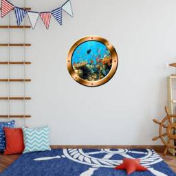 Coral Reef 3D Porthole Side Vinyl Underwater Fish Decal Family Wall Art Window Bronze Portal Home Decor Bp19