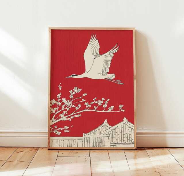 Japanese Crane Poster, Red Wall Art, Asian Bird Print - image 1