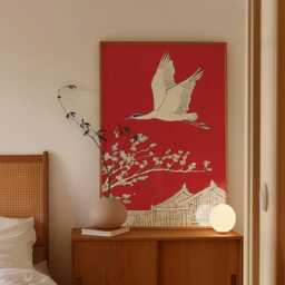 Japanese Crane Poster, Red Wall Art, Asian Bird Print - thumbnail 2