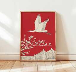 Japanese Crane Poster, Red Wall Art, Asian Bird Print - thumbnail 1