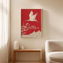 Japanese Crane Poster, Red Wall Art, Asian Bird Print - thumbnail 3