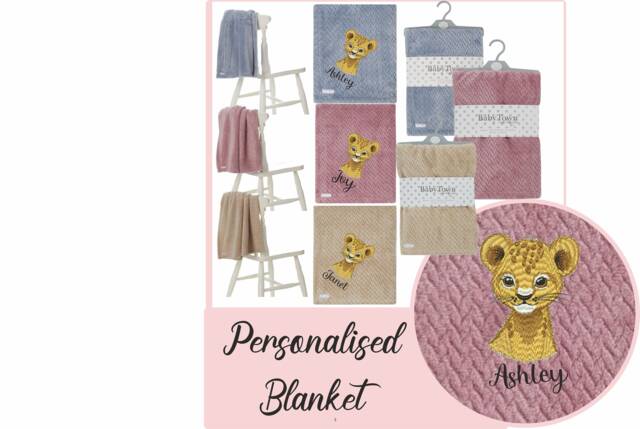 Personalised Embroidered Baby New Waffle Safari Lion Blankets 90cm 3 Colors Super Soft - image 1