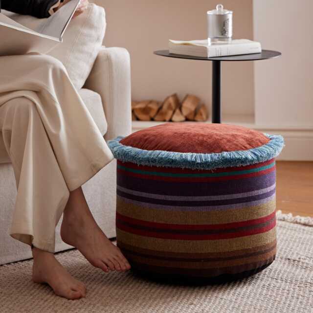 Chenille Stripe Pouf Cover With Blue Fringe - image 1