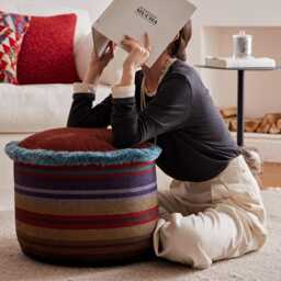 Chenille Stripe Pouf Cover With Blue Fringe - thumbnail 4