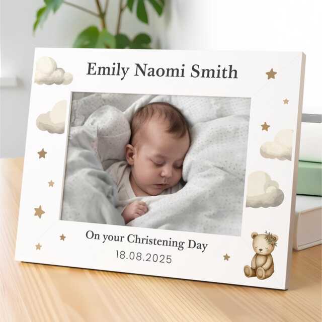 Personalised Christening Photo Frame, Gift For Boys Or Girls, Bear Gifts, Frame 6x4 7x5 - image 1