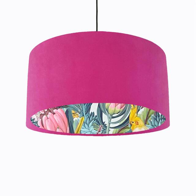 Pink Velvet Lampshade With Blush Parrot Lining, Large Ceiling Lightshade - image 1