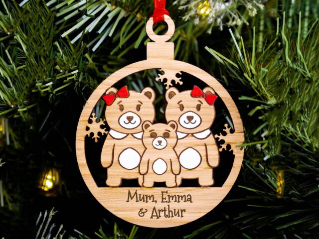 Cute Bear Family Christmas Tree Decoration, Personalised Lgbt Engraved Xmas Bauble, Secret Santa, Lesbian Same Sex Mums Children Of 3 - image 1