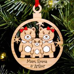 Cute Bear Family Christmas Tree Decoration, Personalised Lgbt Engraved Xmas Bauble, Secret Santa, Lesbian Same Sex Mums Children Of 3 - thumbnail 2