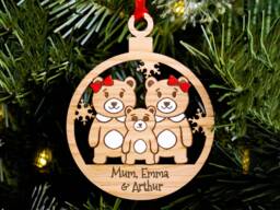 Cute Bear Family Christmas Tree Decoration, Personalised Lgbt Engraved Xmas Bauble, Secret Santa, Lesbian Same Sex Mums Children Of 3 - thumbnail 1