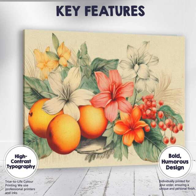 Elegant Floral Citrus Still Life Botanical Canvas Wall Art Print Decor Picture Ready To Hang - image 1