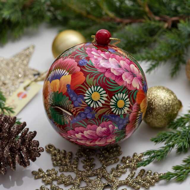 Hand Painted Christmas Ball With Flowers Pattern, Wooden Ukrainian Balls Perykivka Painting, Handmade Baubles - image 1