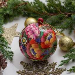 Hand Painted Christmas Ball With Flowers Pattern, Wooden Ukrainian Balls Perykivka Painting, Handmade Baubles - thumbnail 3