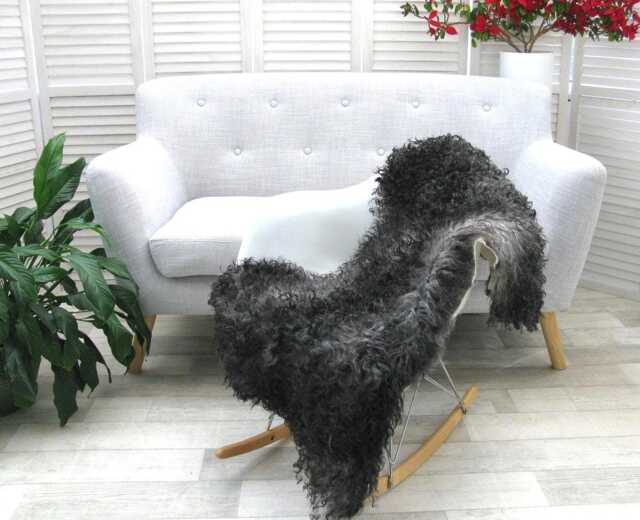 "Genuine Swedish Gotland Sheepskin Rug, Black Grey Curly Wool, 51""x25" - image 1