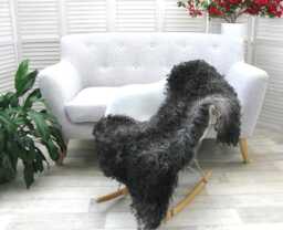 "Genuine Swedish Gotland Sheepskin Rug, Black Grey Curly Wool, 51""x25"