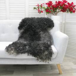 "Genuine Swedish Gotland Sheepskin Rug, Black Grey Curly Wool, 51""x25" - thumbnail 3