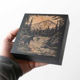 Alaska Bear in The Salmon Run Engraved Birch Wood Panel - Linocut Block Print Wall Art, State Illustration, Nature Folk Art Home Decor Gift - thumbnail 2