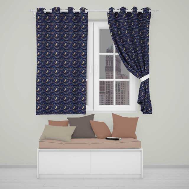 Celestial Crescent Moon Cloud Waves Starry Night Seamless Pattern Readymade Eyelet Ring Top Thermal 100% Blackout Curtains - image 1