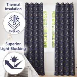 Celestial Crescent Moon Cloud Waves Starry Night Seamless Pattern Readymade Eyelet Ring Top Thermal 100% Blackout Curtains - thumbnail 3