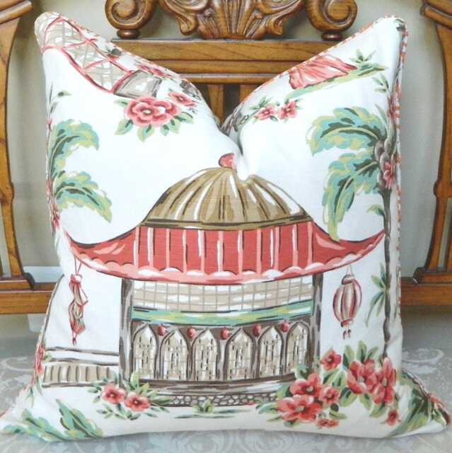 Fabricut Charlotte Moss Mougin Coral Decorative Throw Pillow Euro Sham Cover Asian Chinoiserie Pagoda Single Sided Made To Order - image 1