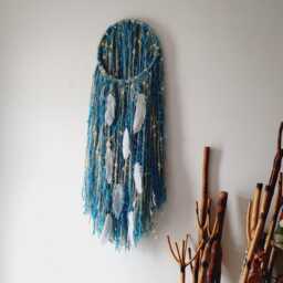 Boho Yarn Wall Hanging Turquoise Cream Tapestry With Feathers - thumbnail 3