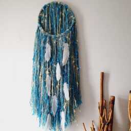 Boho Yarn Wall Hanging Turquoise Cream Tapestry With Feathers - thumbnail 2