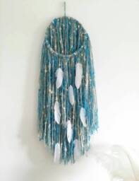 Boho Yarn Wall Hanging Turquoise Cream Tapestry With Feathers - thumbnail 1