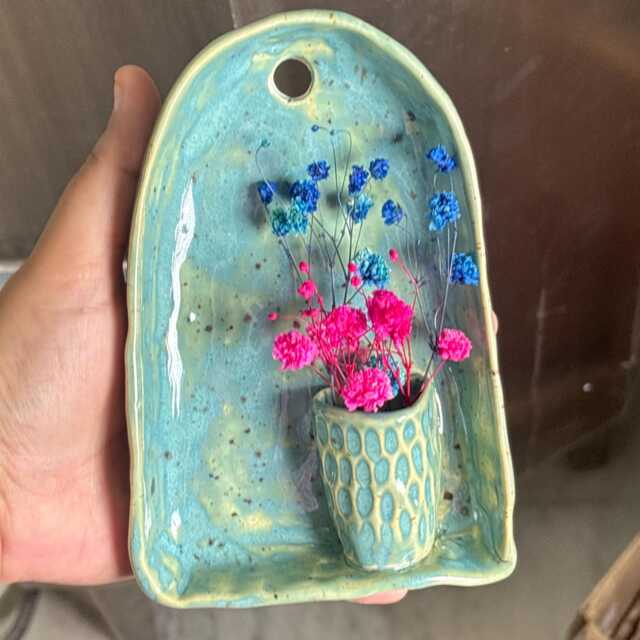 Turquoise Green Ceramic Wall Hanging With Budvase, Handcarved Altar 11x 15 cm, Sconce - image 1