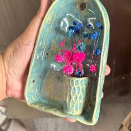 Turquoise Green Ceramic Wall Hanging With Budvase, Handcarved Altar 11x 15 cm, Sconce - thumbnail 4