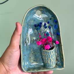 Turquoise Green Ceramic Wall Hanging With Budvase, Handcarved Altar 11x 15 cm, Sconce - thumbnail 2